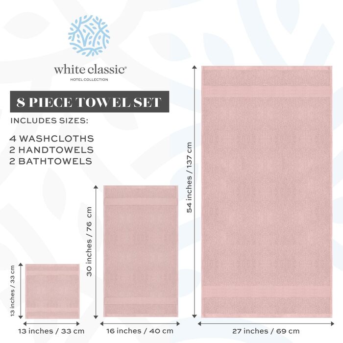 Набір рушників White Classic Luxurious рожевий, бавовна гребінчаста, готельна якість, абсорбуючий, 8 предметів, 2 рушники для ванн