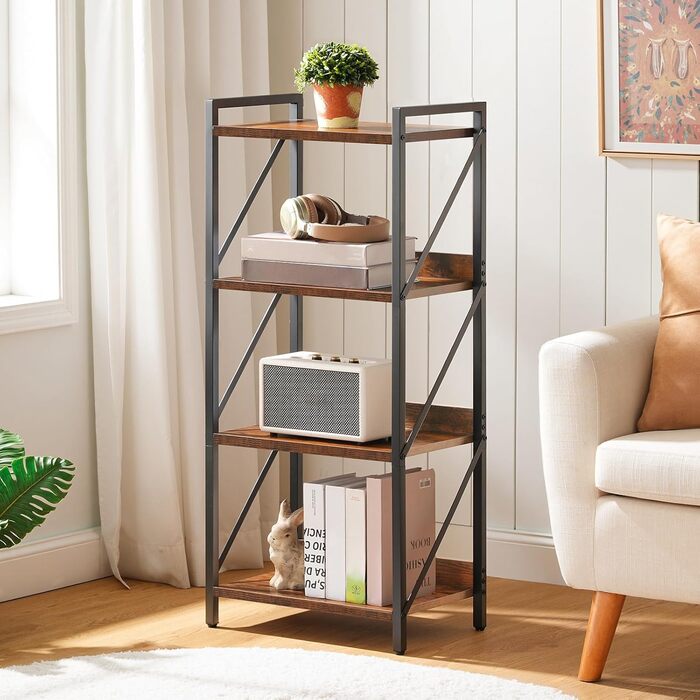 Книжкова полиця HOOBRO, стояча полиця, полиця-драбина, окремостояча вузька полиця, офісна полиця з 4 ярусами, відкриті полиці, для вітальні, спальні, офісу, кухні, рустикальний коричневий та чорний EBF40SJ01 42 x 28 x 102 см рустикальний коричневий чорний