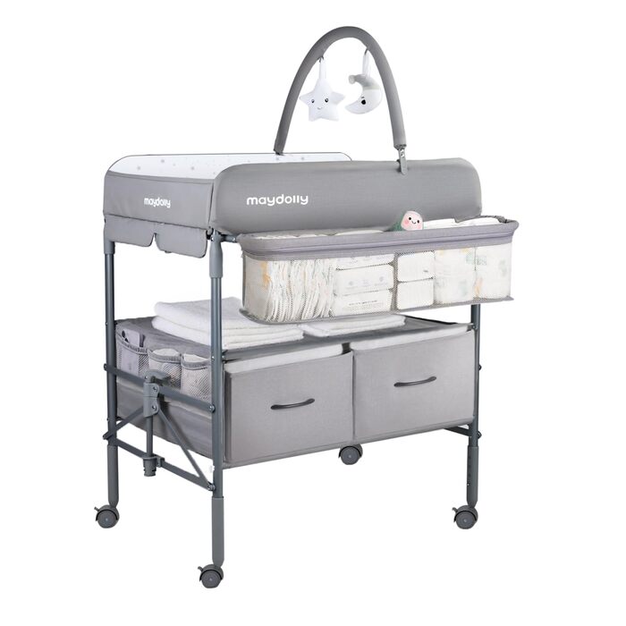 Портативний пеленальний столик Maydolly, багатофункціональний складний пеленальний столик, регульована висота з колесами та 2 кошиками для зберігання, водонепроникна подушка для пеленання, сірий