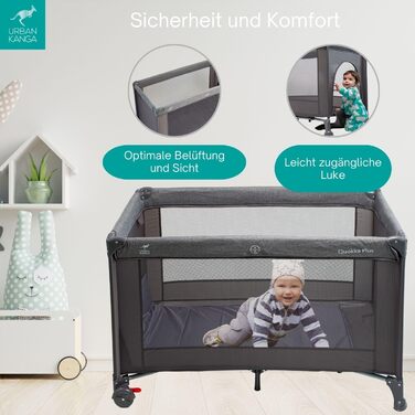 Дитяче ліжечко Urban Kanga QK Plus з регульованою висотою та пеленальний килимок, вкладиш для новонароджених, 60x120 см (сірий меланж)