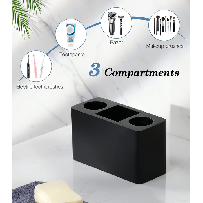 Тримач для зубних щіток Luxspire, 3 відділення, полімерний тримач для електричних зубних щіток, підставка для зубної пасти, тримач-органайзер для електричних зубних щіток, зубної пасти, ручок - чорний
