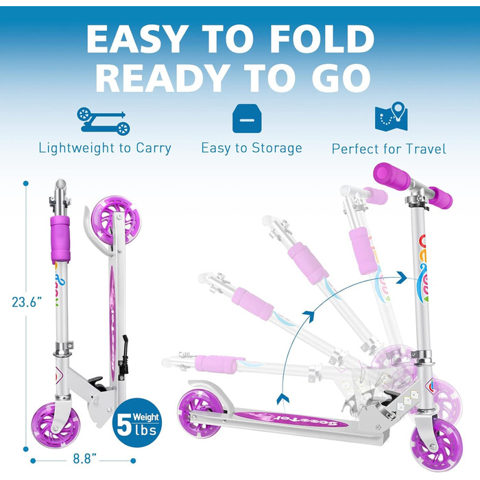 Самокат дитячий 2 колеса, складаний дитячий самокат для дівчаток хлопчиків, педальний самокат зі світлодіодними колесами, що світя
