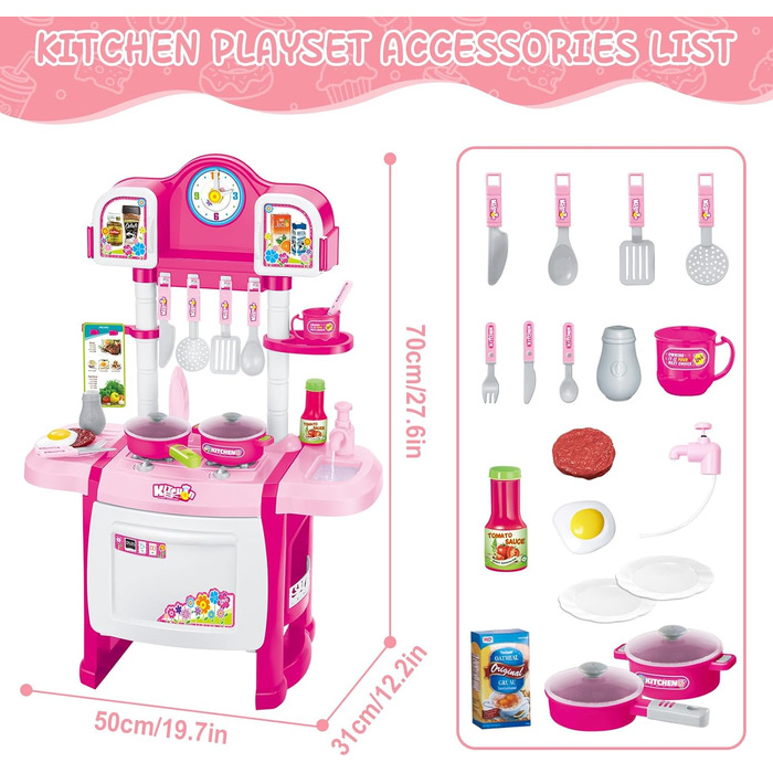 Мініатюрний кухонний набір deAO My Little Chef, рольова гра зі світлом і звуками, елементами води та 18 аксесуарами (рожевий)