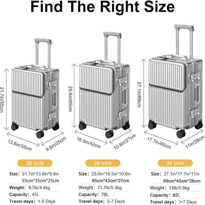 Ручна валіза на весну/літо, схвалена авіакомпаніями, із замком TSA, колесами на 360, твердим корпусом з полікарбонату та стійкою до тиску алюмінієвою рамою, підходить для валіз розміром 20&quot, 24&quot та 26&quot. (20&quot, сріблястий) сріблястий 20&quot