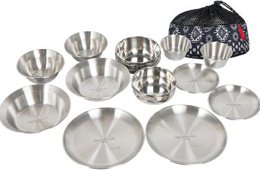 Набір туристичного посуду з нержавіючої сталі на 12 осіб, сріблястого кольору, штабельований, для подорожей та щоденного використання, ідеальний для кемпінгу та пікніків