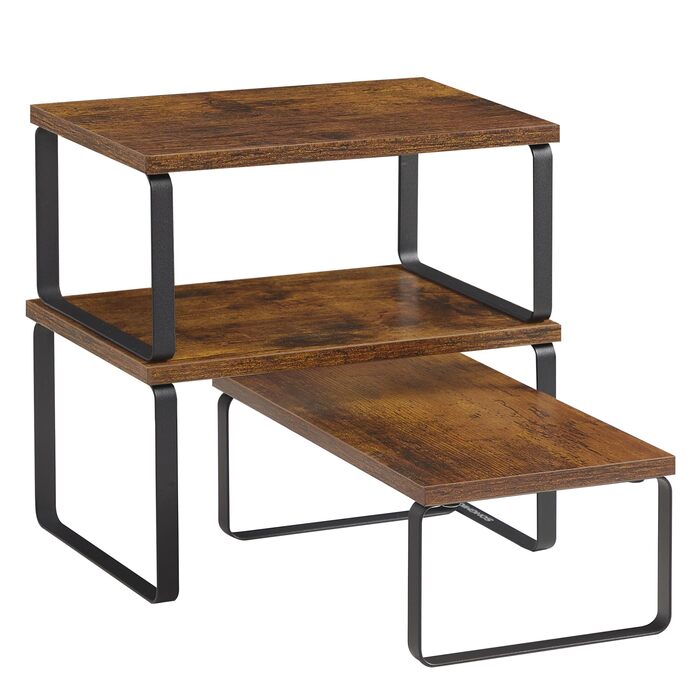 Стійка для спецій, набір із 3 кухонних органайзерів, штабелюється, розширюється, композитний метал та дерево, вінтажний коричнево-матово-чорний KCS220K02 19,5 Г x 29,7 Ш x 15,8 В см, білосніжно-білий матово-білий