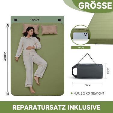 Самонадувальний килимок для сну OUTSKIRT, кемпінговий матрац товщиною 10 см з насосним мішком, коефіцієнт теплоізоляції 9,5, самонадувальний килимок для сну для намету, автомобіля, вантажівки або фургона, зелений, подвійний