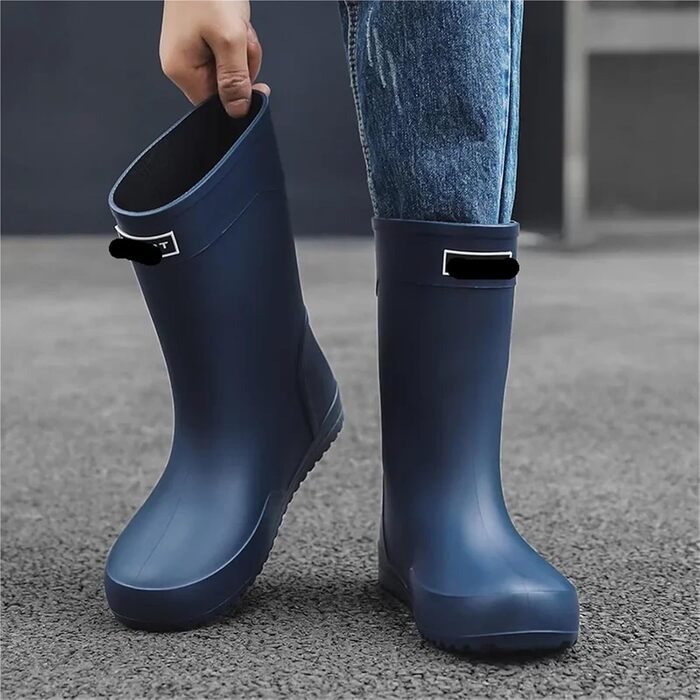 Високі гумові чоботи, водонепроникні, нековзні, чоловічі, до середини литки, для роботи на свіжому повітрі та спортивних чобіт з гумовою підошвою та верхом з ПВХ, водонепроникні, темно-сині, розмір ЄС 43
