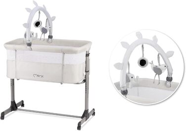 Багатофункціональне приліжкове та дитяче ліжко Momi REVO, 6-рівневе регулювання висоти від 72 до 82 см, з колесами, включаючи матрац, кріпильні ремені, сітку від комах та ручку з іграшками