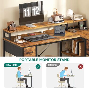 Подібний письмовий стіл із USB-портом для зарядки та розеткою, двосторонній кутовий стіл із 4 шухлядами та полицею, ігровий стіл із підставкою для монітора, 140x100 см, комп&39ютерний стіл для офісу, коричневий