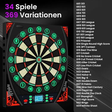 Електронна мішень для дартсу з німецьким голосом, підсвіченим кільцем з цифрами та РК-екраном, електронна мішень для дартсу з 34 іграми та 369 варіаціями, електронна мішень для дартсу для дорослих