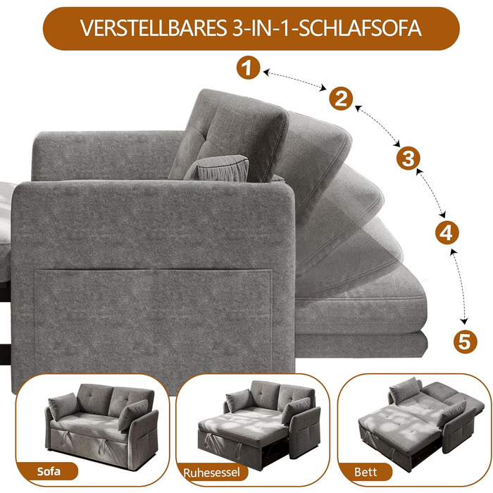 Диван-ліжко 3-в-1 з 5-позиційною регульованою спинкою, розкладний диван з 2 подушками та 2 боковими кишенями, сірий лляний 2-місний диван для гостьових кімнат та невеликих приміщень 167 x 137 см сірого кольору