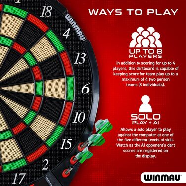 Електронна мішень для дартсу Winmau - Ton Machine з м&39яким наконечником, набір електронних дартсу з понад 90 іграми та цифровим табло для 8 гравців - 2 дротики, мотузка для метання, 10 пластикових наконечників