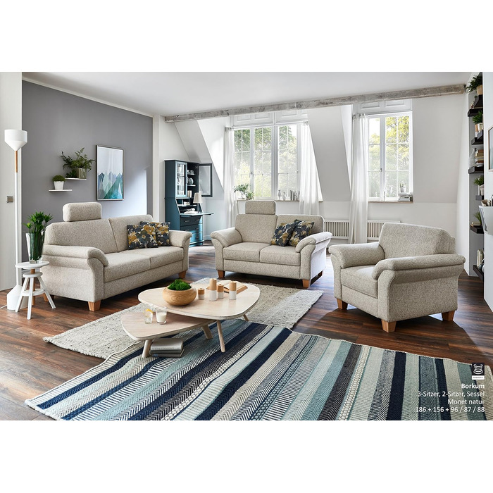 Місний Byrum / Великий 3-місний диван у сільському стилі з пружинною серцевиною / Пасує до елегантного диванного гарнітура Byrum / 186 x 87 x 88 / Натуральний (Білий-Бежевий) 3-місний Натуральний, 3-