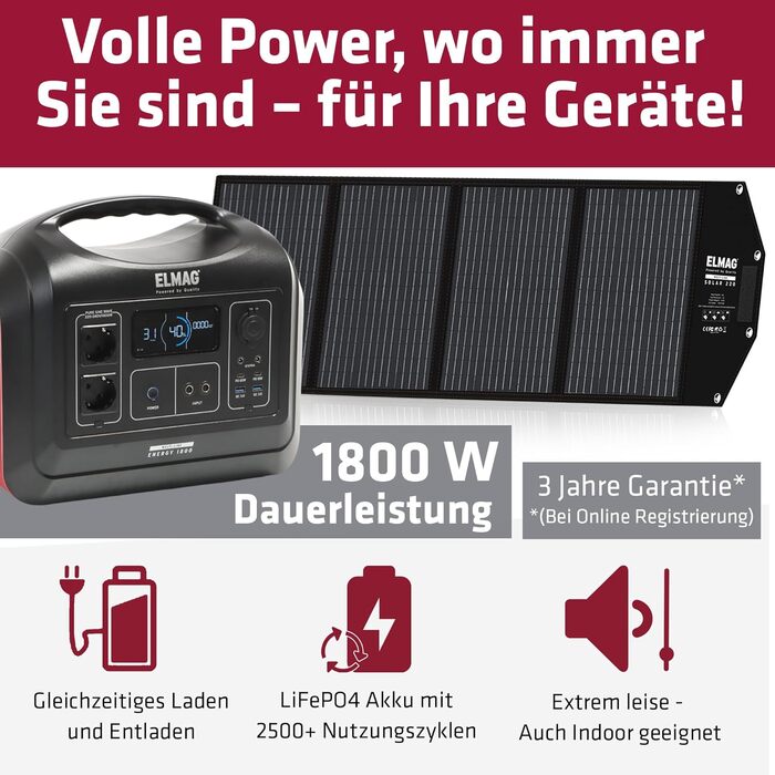 Сонячний генератор ELMAG ENERGY 1800 SOLAR 220 Портативна електростанція потужністю 1480 Втгод зі складною сонячною панеллю 220 Втп Накопичувач енергії з акумулятором LiFePO4 та виходом 230 В змінного/постійного струму/USB Для кемпінгу, відпочинку на прир