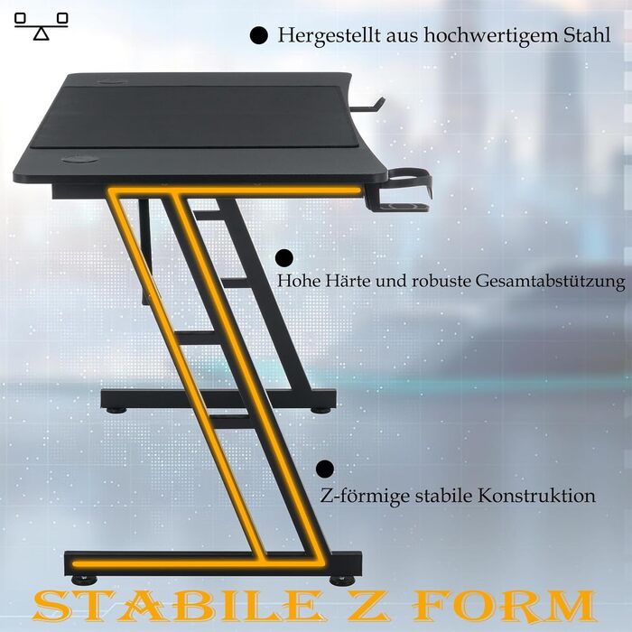 Ігровий стіл AufuN 140 x 60 см, Ігровий стіл зі світлодіодним підсвічуванням, гачком для навушників та тримачем для чашки, Міцний комп&39ютерний робочий стіл, Ігровий стіл для ПК (Тип B без світлодіодів) 140 x 60 см Тип B без світлодіодів
