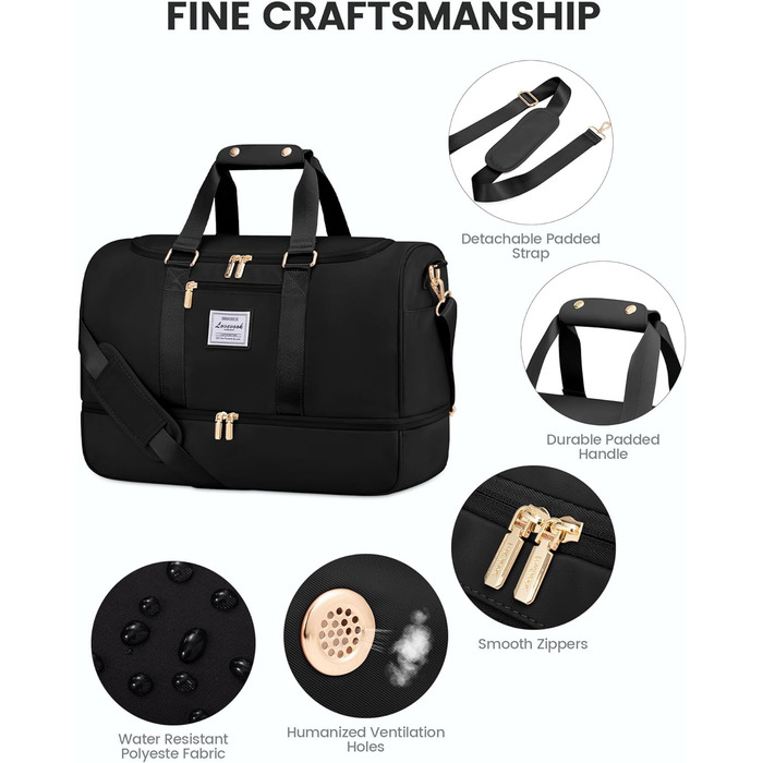 Жіноча спортивна сумка LOVEVOOK, дорожня сумка для вихідних з косметички, відділенням для взуття та вологим відділенням, водонепроникна спортивна сумка, сумка для занять спортом, подорожей, літака, чорна M A-black
