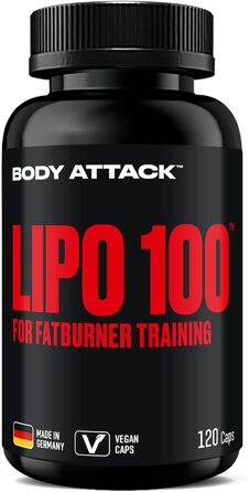 Капсули для спалювання жиру Body Attack LIPO 100 - з ліпохліном, 200 мг кофеїну, екстрактом женьшеню та зеленого чаю - додаткові вітаміни групи В та цинк - для тренувань та дієти - виготовлено в Німеччині 120 капсул (1 упаковка)