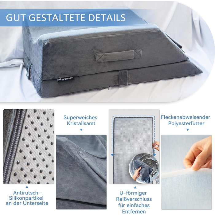 Подушка для ніг KingPavonini з 4-ступінчастим регулюванням висоти для післяопераційного/травмового/відпочинкового використання, подушка для ніг з піни з пам&39яттю форми з 3 ручками та знімною м&39якою вставкою, оксамитовий чохол, який можна прати, на одн