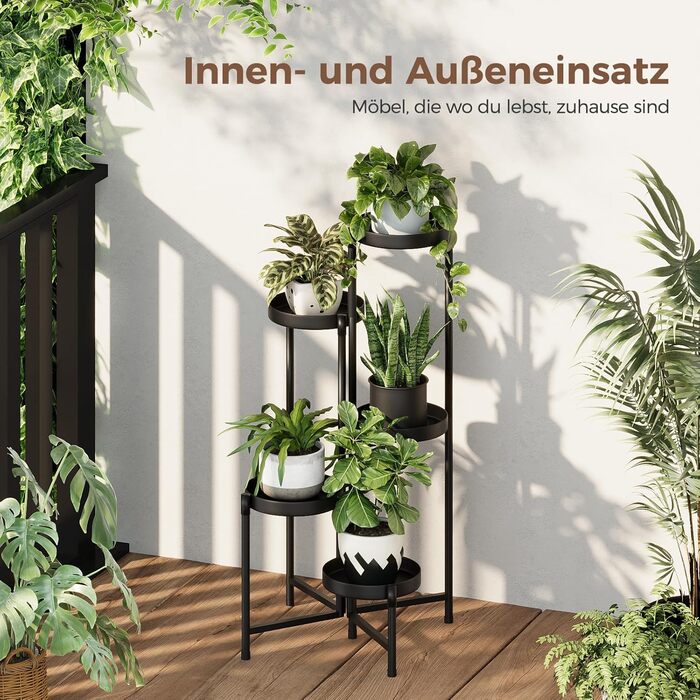 Металева підставка для квітів Bamworld, 5 ярусів, сучасна полиця для рослин для використання в приміщенні та на вулиці, міцна підставка для рослин з кількома полицями, компактний квітковий табурет для вітальні, балкона, саду, чорний - 5 шт. у упаковці