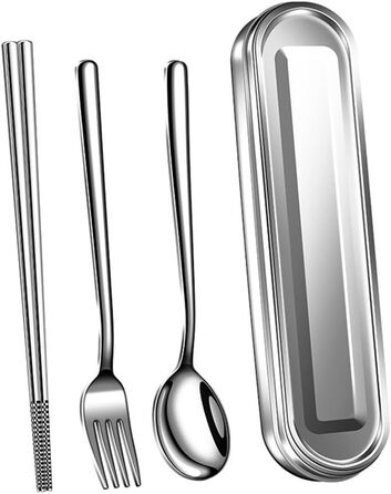 Набір столових приборів з нержавіючої сталі для подорожей з коробкою виделка, ложка, палички для їжі - для офісу, кемпінгу, пікніка та використання на природі