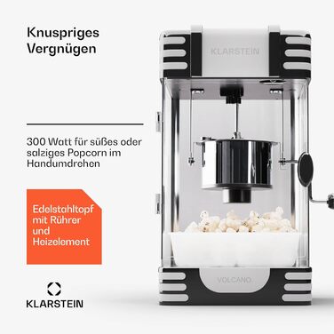 Машина для попкорну Klarstein маленька, машина для попкорну для солодкого та солоного попкорну, 300 Вт, ретро кухонні інструменти для попкорну з кукурудзи, машина для попкорну з контейнером з нержавіючої сталі, чорний 33 см (Ш) x 47 см (В) x 29 см (Г) Чор