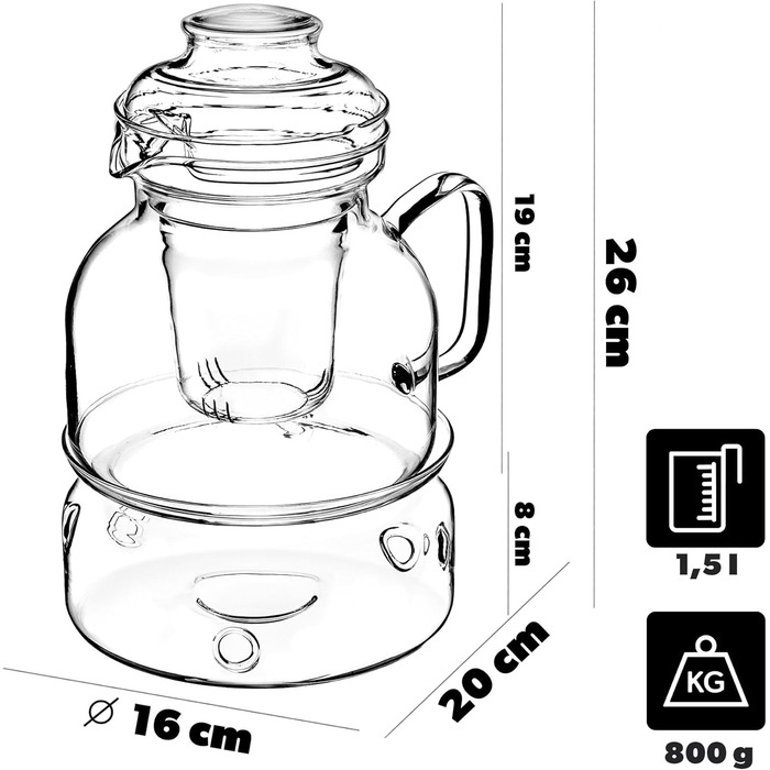 Заварник скляний 1.5л з підставкою та ситечком, чайник з термоізолятором, скляний чайник з фільтром для розсипного чаю, чайний сервіс (з ситечком) 1.5л