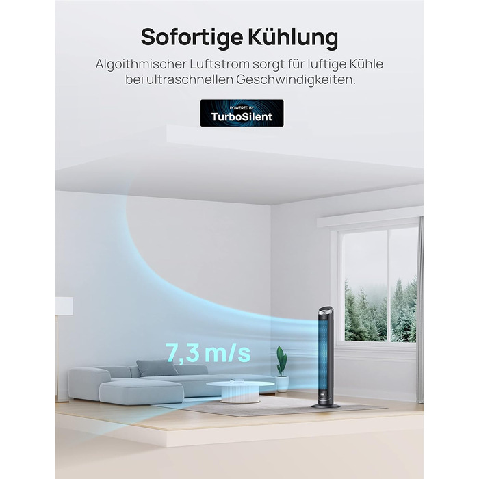 Тихий баштовий вентилятор Dreo 28 дБ, пульт дистанційного керування охолодження 5-швидкісний 4 режими 12-годинний таймер, коливаль