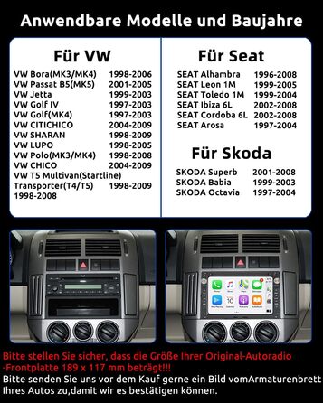 Автомобільне радіо ESSGOO Wireless Carplay та Android 264G Android 14 для VW VW Polo MK3/4 9N Golf 4 Passat B5 T5 Seat Skoda, 7-дюймовий сенсорний екран з Bluetooth FM RDS GPS WiFi