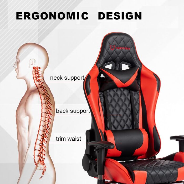 Ергономічне ігрове крісло, повністю регульоване з підлокітниками, підставкою для ніг, підголівником, спинкою та подушкою функція нахилу максимальний комфорт для геймерів та офісних працівників. З підставкою для ніг, червоного кольору.