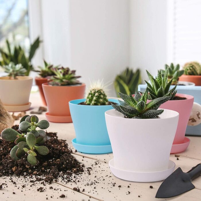 Великі пластикові горщики для рослин 20 см з блюдцями, самополивні квіткові горщики, білі з блюдцями, пластикові горщики для розсади, потовщені горщики для посадки в приміщенні та на вулиці (6 шт. ), різні кольори