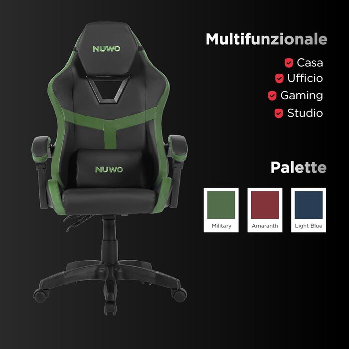 Ергономічне ігрове крісло Nuwo Odin, крісло для ПК, ігрове крісло, офісне крісло, м&39які підлокітники, регульована спинка та висота, поперекова підтримка та підголівник, 120 кг, військово-зелений, військово-зелена серія Odin