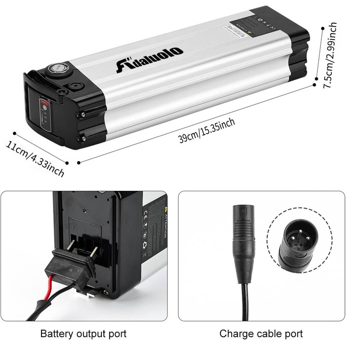 Акумулятор для електровелосипеда 36V 48V 10AH 13AH 15AH 20AH, літій-іонний акумулятор для електричного велосипеда, сріблястий, знімний, для Pedelec, заміна акумулятора, 2-контактний/4-контактний із зарядним пристроєм для двигуна 200W-1000W, 36V 10AH2-конт