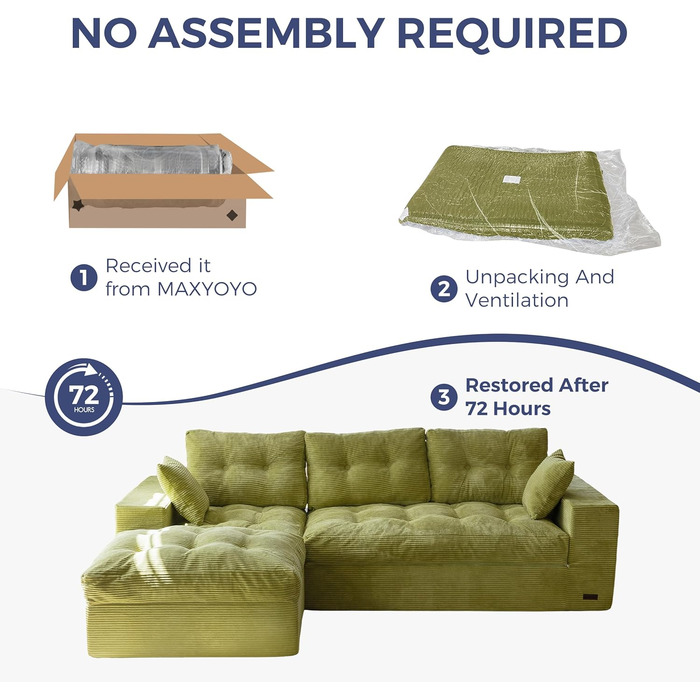 Диван MAXYOYO з функцією сну, кутовий диван L-подібної форми, вельветова тканина, 264x171 см, вельветовий диван, вітальня, розкладний диван з пуфом, універсальний, легко чиститься та підходить для домашніх тварин, не потребує складання (світло-зелений)