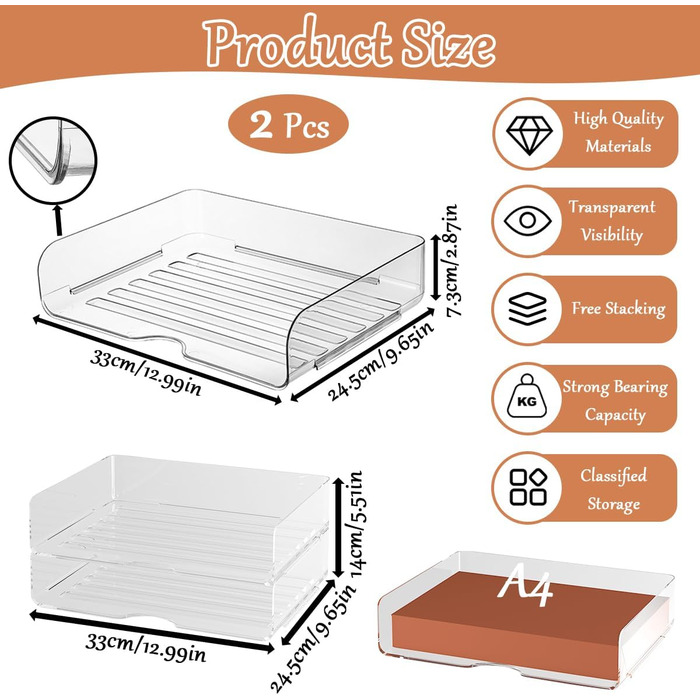 Рівневий штабельований прозорий лоток для документів формату А4, лоток для паперу/документів XingyLi з акрилу PET, органайзер для столу, лоток для листів, відділення для зберігання книг, журналів та папок, 2-