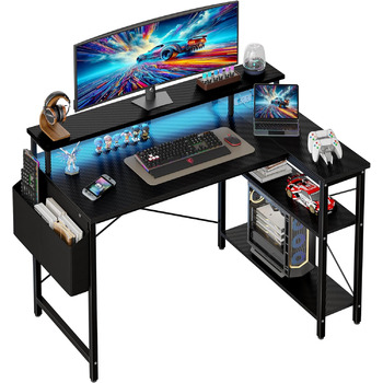 Г-подібний стіл Grandder 100x50 см зі світлодіодним освітленням та розетками, ігровий стіл з 2 полицями, комп&39ютерний стіл з підставкою для монітора, робоча станція для домашнього офісу, чорний 100 x 70 см, чорний колір під карбон