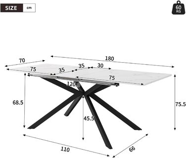 Розсувний обідній стіл, автоматично розсувний, прямокутний, журнальний/відпочинковий столик, Д150/180 x Ш70 x В76 см, дизайн зі схрещеними ніжками, мармурова структура, чорно-білий
