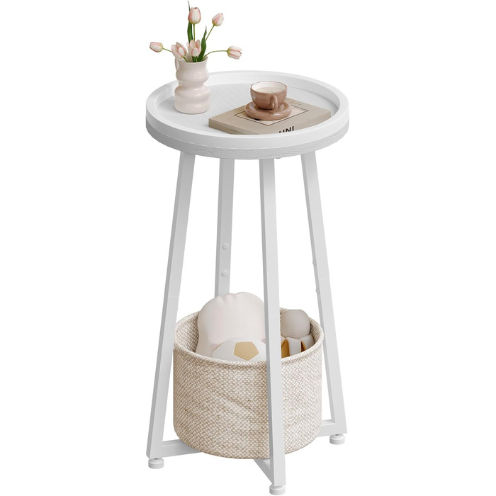 Круглий бічний столик HOOBRO, маленька тумбочка, сучасний диван-столик, журнальний столик з піднятим краєм та бежевим тканинним кошиком, для невеликих приміщень, вітальні, гуртожитку, білий EWW183BZ01