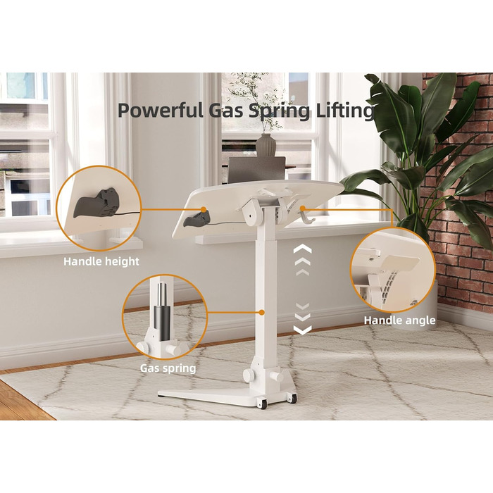 Мобільний стіл для ноутбука Claiks, регульована висота (FSC) 7545 см, складаний та з колесами для гнучкого домашнього офісу, верхня частина з нахилом 90, легкий та компактний, ідеально підходить для дивана, ліжка та крихітного офісу (білий), високоякісний