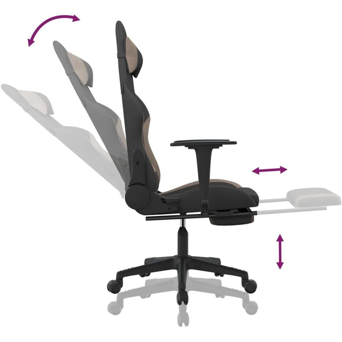 Геймерське крісло з підставкою для ніг, чорна та сіро-коричнева тканина, регульована спинка та висота, поворот на 360 градусів, дихаюча тканина, міцний металевий каркас, ергономічний дизайн, 37 x 45 см (Ш x Г), сіро-коричневий