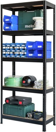 Міцний стелаж типу XS - ВxШxГ 180 x 75 x 35 см - Чорний - Вантажопідйомність 750 кг - Безболтовий стелаж з 5 полицями - Навантаження на полицю 150 кг - Зроблено в ЄС - Міцний металевий стелаж - Стелаж для зберігання - Стелаж для майстерні типу XS - 180 x 