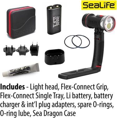 Підводний ліхтар SeaLife Sea Dragon 3000SF Pro Dual Beam - Red з подвійним промінням, глибиною занурення 100 м, червоне світло для нічного бачення, включаючи систему кріплення та батарейки/блок живлення, комплект світлодіодних ліхтарів (ручка та лоток)