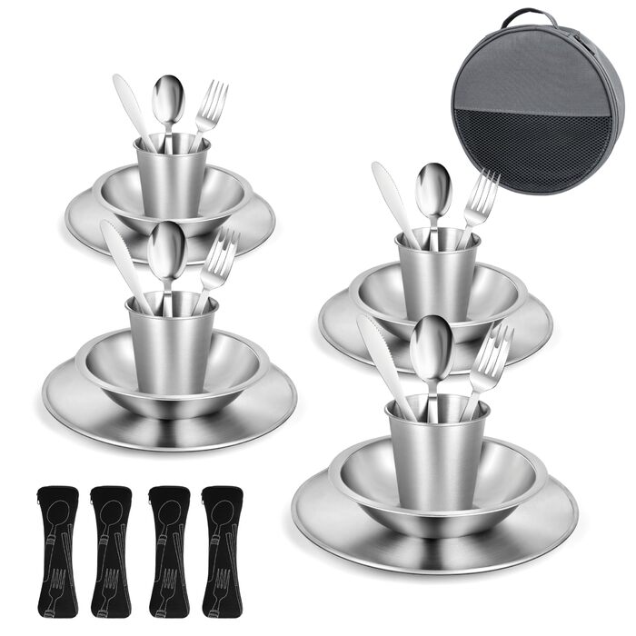 Набір столових приборів для кемпінгу на 4 особи набір кемпінгового посуду зі столовими приборами з нержавіючої сталі, тарілками, мисками та склянками. У комплекті чохол для столових приборів. Портативний набір посуду для активного відпочинку, пікніків та 
