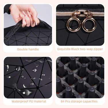 Футляр для зберігання лаку для нігтів на 84 пляшечки та 1 світлодіодну лампу для нігтів, сумка-органайзер для макіяжу, косметичка для аксесуарів для дизайну нігтів, органайзер для лаку для нігтів (чорний) чорно-сірий