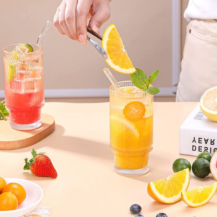 Набір рифлених келихів MUJUZE зі скляною соломинкою, 6 склянок для води Стековий естетичний скляний набір 310 мл Highball, скляні