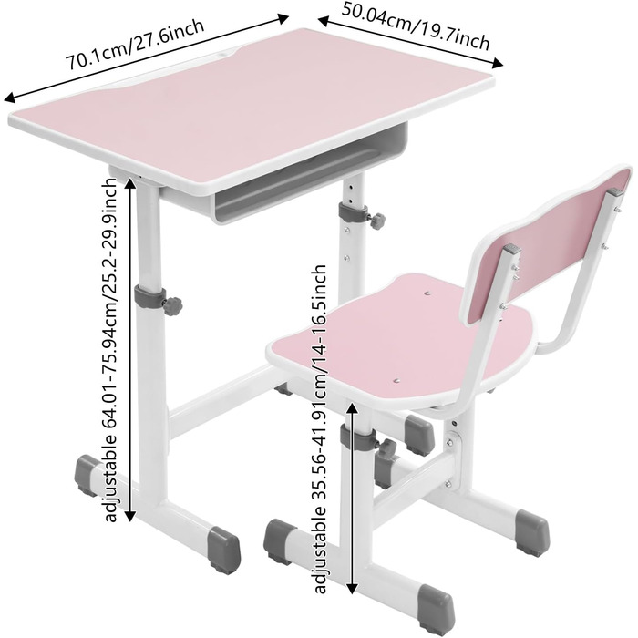 Дитячий письмовий набір, дитячий стіл з регульованою висотою (стіл 64-76 см, стілець 36-42 см), стіл з гачками, шухлядою та лотком для ручок для дітей віком 3-18 років, навчання письму та малюванню (рожевий, білий)