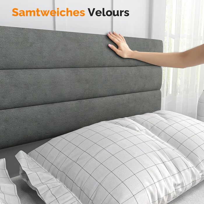 Ліжко Bonnlo з м&39якою оббивкою 140x200 см з регульованим узголів&39ям, ліжко 140x200 з дерев&39яною рейковою основою, оксамит (без матраца) 140x200 см світло-сірий