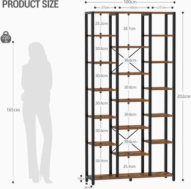 Книжкова полиця Hzuaneri, стояча полиця з 7 рівнями та 18 полицями, регульовані відкриті полиці, для вітальні, офісу, спальні, 30 x 100 x 202 см, вінтажний коричнево-чорний, BC15601B 30 x 100 x 202 см вінтажний коричнево-чорний