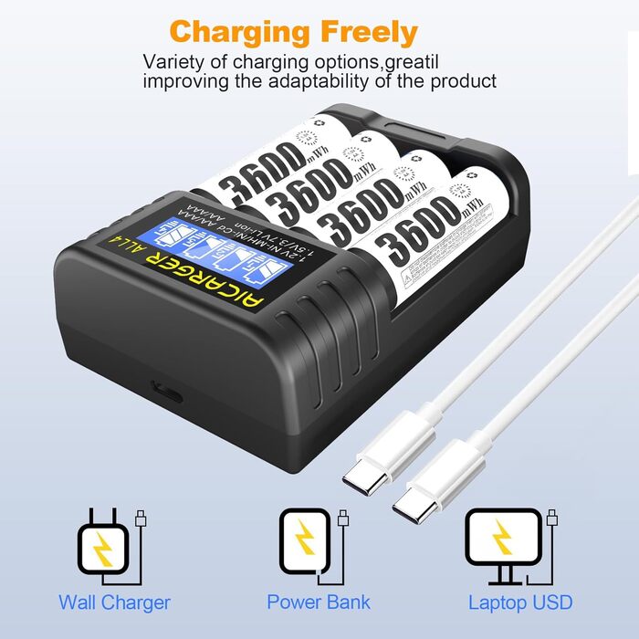 Зарядний пристрій для акумуляторів типу AA AAA, 4 слоти, швидка зарядка 5V/2A з РК-дисплеєм для літій-іонних акумуляторів типу AA AAA 1,5 V (штекер USB-C), в комплекті 4 акумуляторні батареї типу AA ємністю 3600 мВтгод із зарядним пристроєм AICARGER, 4 шт