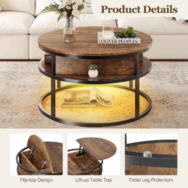 Круглий журнальний столик Dripex, діаметр 81 см, регульований по висоті бічний столик із прихованим місцем для зберігання, вітальня з підйомною стільницею, журнальний столик, дерев&39яний стіл для вітальні, офісу 80*80*47
